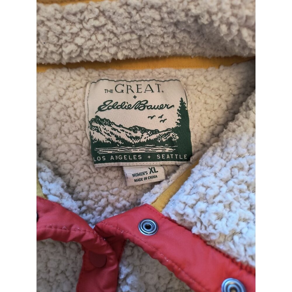 Eddie Bauer Vintage Sherpa Pullover Jacket XL White Yellow Blue Red Fleece Snap - Picture 4 of 7